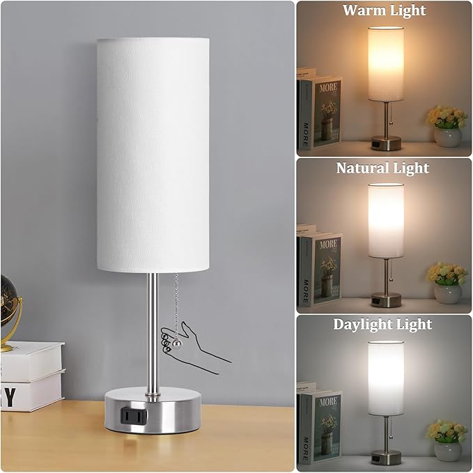 Dott Arts Table Lamp for Bedroom, 3-Color Bedside Lamps with Pull Chain, Bedroom Table Lamps for Nightstand,AC Outlet Small Lamp for Living Room, Bulb Included Nickel