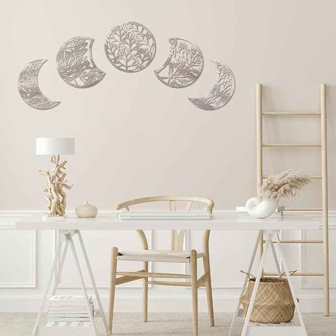 Jetec 5 Pcs Moon Phase Wall Art Decor Wall Pediments Hanging Wooden Phase Spiritual Bedroom Nordic Boho Lunar Aesthetic Art for Living Room Dorm Apartment Ornament(Retro Color,15.75 Inch,Botanical)