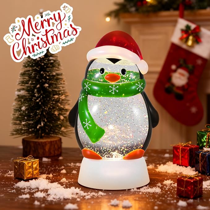 Christmas Snow Globe Penguin Lighted Musical Glitter Globe Battery Operated or USB Powered with Timer Water Glittering Snowing Globe for Christmas Party Home Table Decorations Gifts (Penguin)
