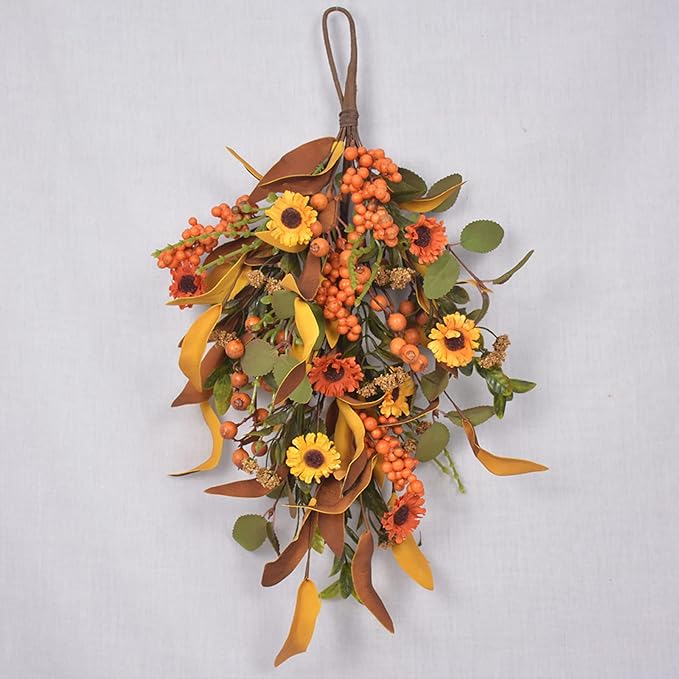 20 Inch Fall Harvest Swag, Artificial Fall Maple Swag Autumn Thanksgiving Day Halloween Decorative Teardrop, Halloween Wall Door Decor Sunflower Berry Fake Wreath (#1)