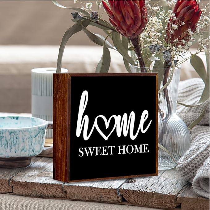 Home Sweet Home Sign Wooden Box Decorative,Home Sweet Home Decor Wood Box Sign，Rustic Farmhouse Square Decor Sign for Tabletop Home Living Room Decor 5 x 5 Inches （black）