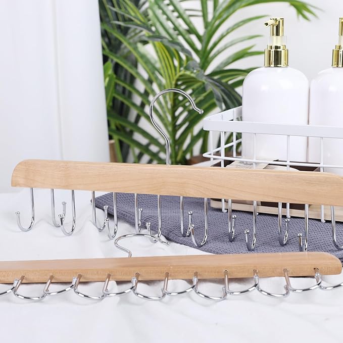 JOHOUSE Belt Organizer for Closet Max 42 Belts, 2 PCS Wooden Hanger for Storage with 14 Rotating Hooks Each, Durable Tie Holder Space Saver for Bra, Tank Top, Scarf