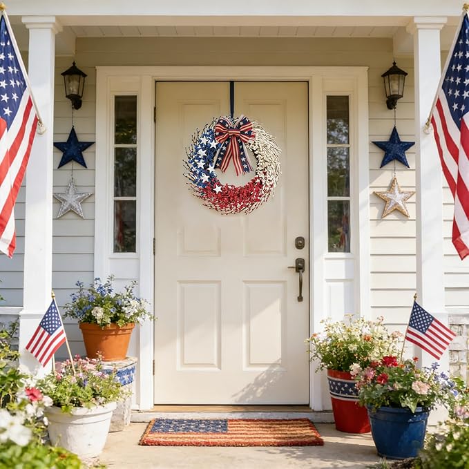 Idyllic 22 Inch Large Patriotic Wreath with Red White Blue PE Ribbons & White Stars - 4th of July Memorial Day Front Door Decor, Outdoor Holiday Wreath