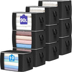 Budding Joy 90 L Large Storage Bags, 10 Pack Clothes Storage Bins Foldable Closet Organizers Storage Containers with Reinforced Handle for Clothing, Blanket, Comforters, Bed Sheets, Pillows (Black)