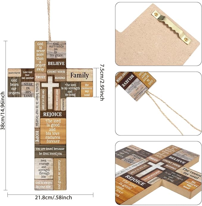 Jetec Cross Wall Decor Christian Wooden Cross Easter Religious Faith Biblical Verse Wall or Table Sign for Easter First Communion Gift Farmhouse Home Hanging Decoration(15 x 8.5 Inch)