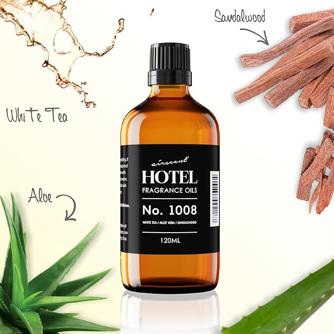 AirScent Hotel Diffuser Oil No. 1008 - White Tea, Aloe Vera & Sandalwood - Hotel Scent Dupe - Premium Fragrance Oil for Ultrasonic and Waterless Diffusers and Crafting - 10 mL, .34 fl oz Glass Bottle