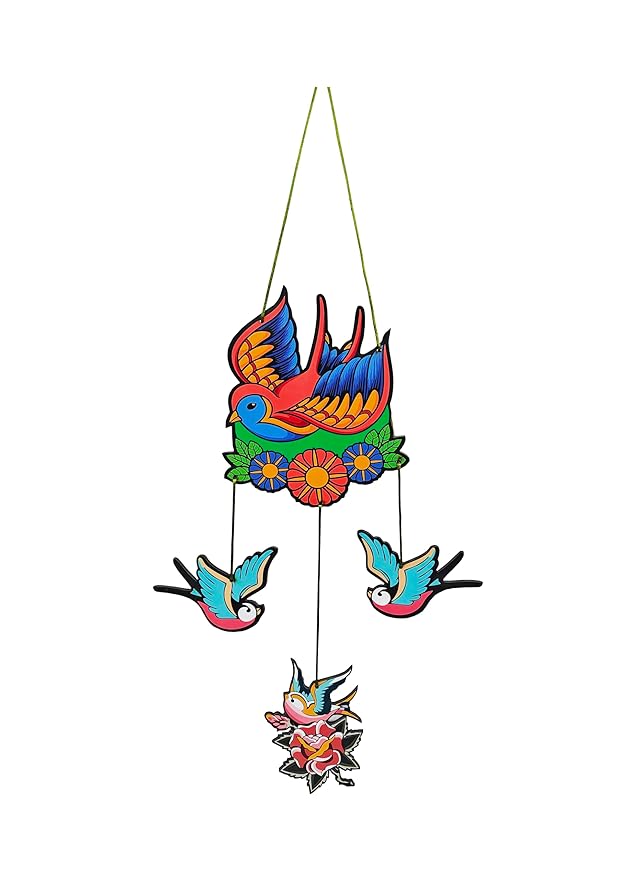 Decorative Bird Mobile Wall Hanging, Colorful Swallow Design with Flowers, Traditional Tattoo Style Art Evil Eye (Bird_Hanging_D_1)