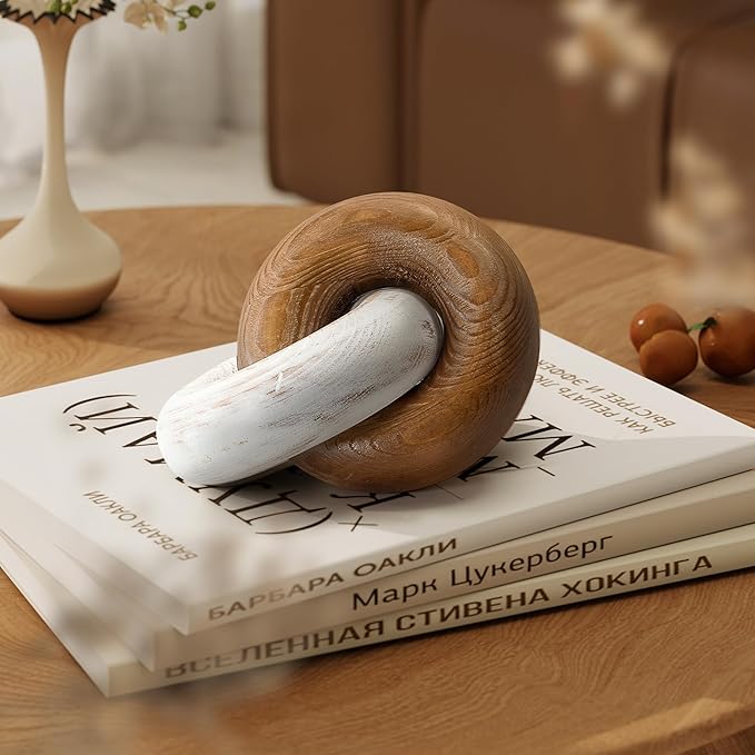 EOSAHR Boho Decor Pine Wood Knot Wooden Chain Link Decor for Your Coffee Table, Room Decor, or Book Shelf Chic Modern Desk Decor to Stylish up Your Home Office (Brown & White)
