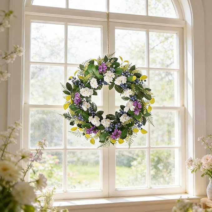 Idyllic 24 Inch Spring Summer Wreath for Front Door - Artificial Blueberry Bunch Wreath with White Purple Flowers Floral Decor for Window Mantel Wedding Indoor Outdoor Home Decoration
