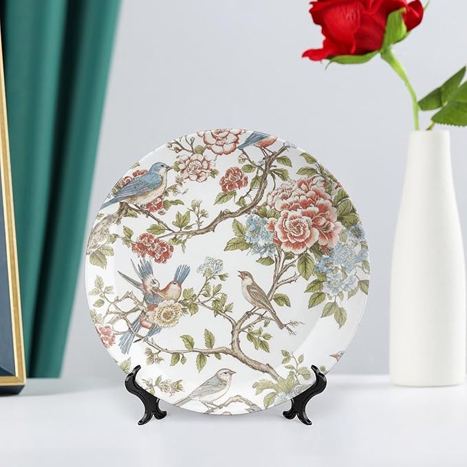Fashion Plates Chinoiserie Tree Peony Bird Floral Personalized Decor for Office Wall Table Display Hanging Decorative Tiles Including Bracket And Special Hook, Multi Sizes, Gifts for Men Women