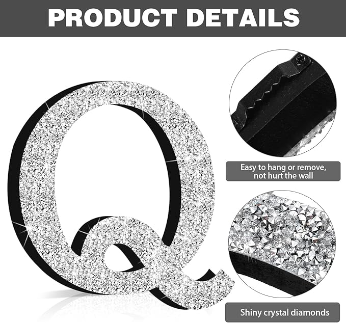 Qunclay 8'' Silver Crystal Diamond Bling Letters Crushed Diamond Decoration Wooden Glitter Letter with Screw and Hooks Rhinestone Gift for Wedding Y2k Mcbling Bedroom Wall Decor (Letter Q)