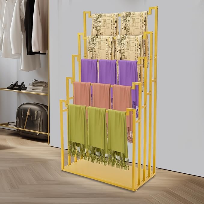 Scarf Organizer Stand, 5-Tier Freestanding Scarf Display Rack, Metal Scarf Holder Belt Pants Hanger for Commercial Clothing Retail Store Home, Space Saving Shelves, 31.5" x 15.75" x 59"(Gold)