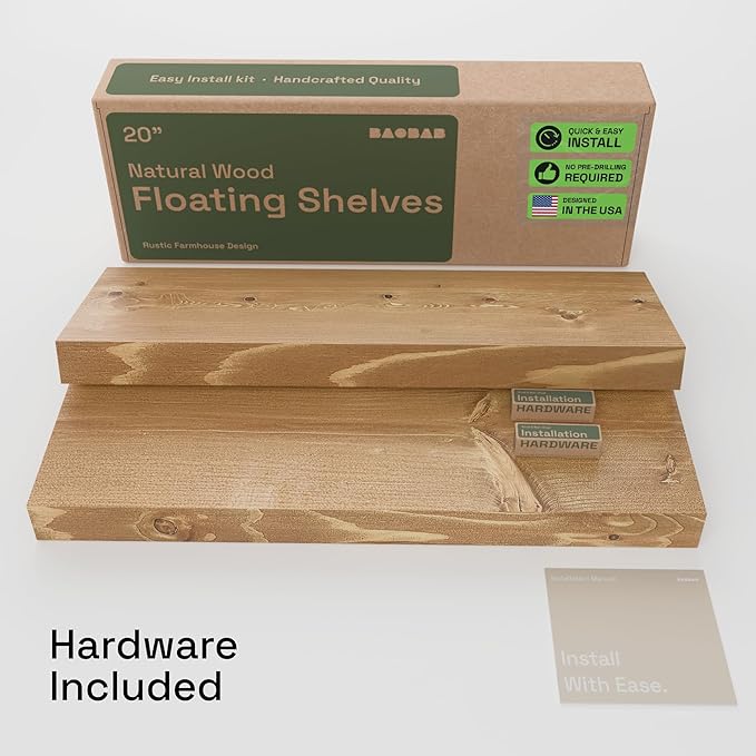 BAOBAB WORKSHOP Natural Wood Floating Shelves for Wall 20 Inch Wide, Solid Wooden Shelf 20 In, Bathroom Shelves for Room Wall Mounted Kitchen Rustic Farmhouse, Oak Floating Shelf, 20W × 6.7D, Set of 2