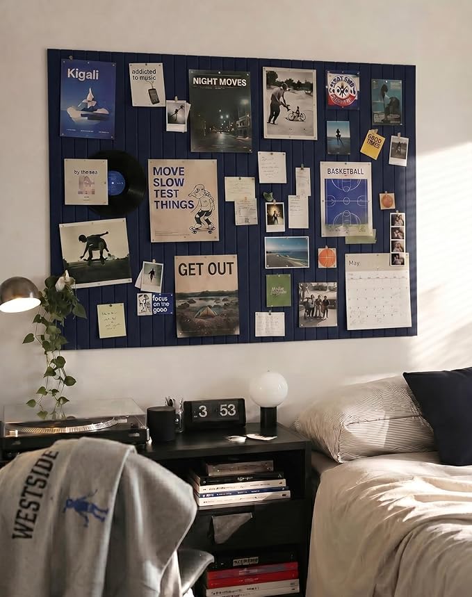 Aothia 12-Pack Felt Bulletin Board Tiles 48"x36", Modular Pin Board for Smooth Walls, Cork Board Alternative for Notes & Photos, 0.35" Thick, 70 Adhesive Tabs & 40 Pins, Navy Blue