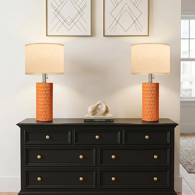 Reaketon Table Lamps for Living Room Set of 2, Ceramic Table Lamps for Bedroom, 20" Modern Lamps for Night Stands, Orange