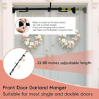 Front Door Garland Hanger Suitable for 32"-80" Width Doors, Tool-Free Non-Destructive Adjustable Hanger for Valentine's Day Wreaths, Heart Decorations, String Lights