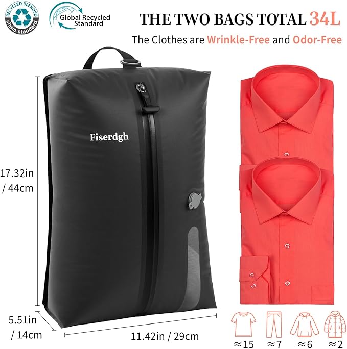 Vacuum Compression Bags for Travel with Electric Pump, Space Saver Vacuum Seal Bags for Clothing with IPX8 Waterproof Zipper, Reusable & No Odor for Suitcase and Backpack, Gray (2PC+Pump)