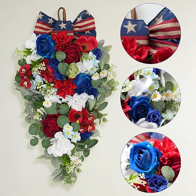 Idyllic 2 Pcs Red White and Blue Floral Swag with Roses, Hydrangea & Daisies | Patriotic Hanging Door Decor for 4th of July Memorial Day Front Door