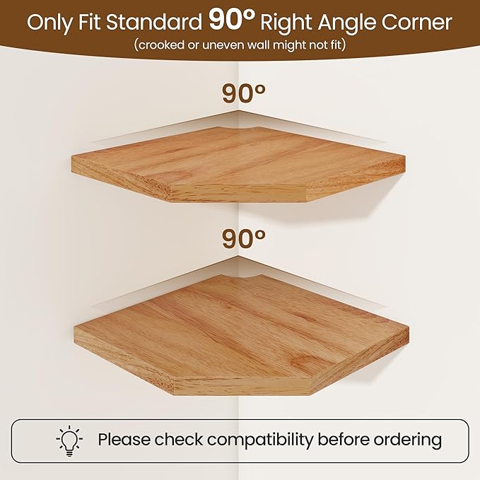 Fun Memories Corner Shelf Wall Mount, Solid Oak Wood Floating Corner Shelves with Cable Hole, 10in Rustic Design for Bedroom, Bathroom, Kitchen, Living Room (Natural, 1 Pack)