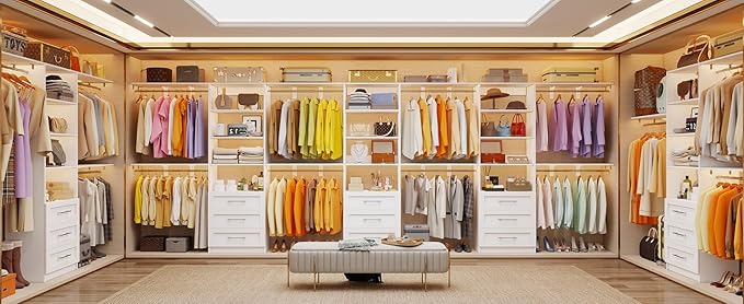 Closet System with 9 Drawers, 11.5-18FT Closet Organizer System with Cuttable Shelves for Walk in Closet with 9 Expandable Hanging Rods, Heavy Duty Built-in Closet for Bedroom, White(3 Sets)