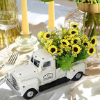 OurWarm Vintage White Truck Decor with Sunflowers Artificial Flowers Farmhouse Table Decor, LED String Lights Metal Truck Sunflower Decor for Home Rustic Farmhouse Tiered Tray Decor, Table Top Decor