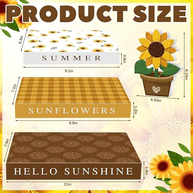 Thyle Sunflower Fake Decorative Books Wooden Sunflower Table Signs Faux Summer Decor Farmhouse Hello Sunshine Decoration Books for Summer Party Office Home Shelf Coffee Table Mantel Decor