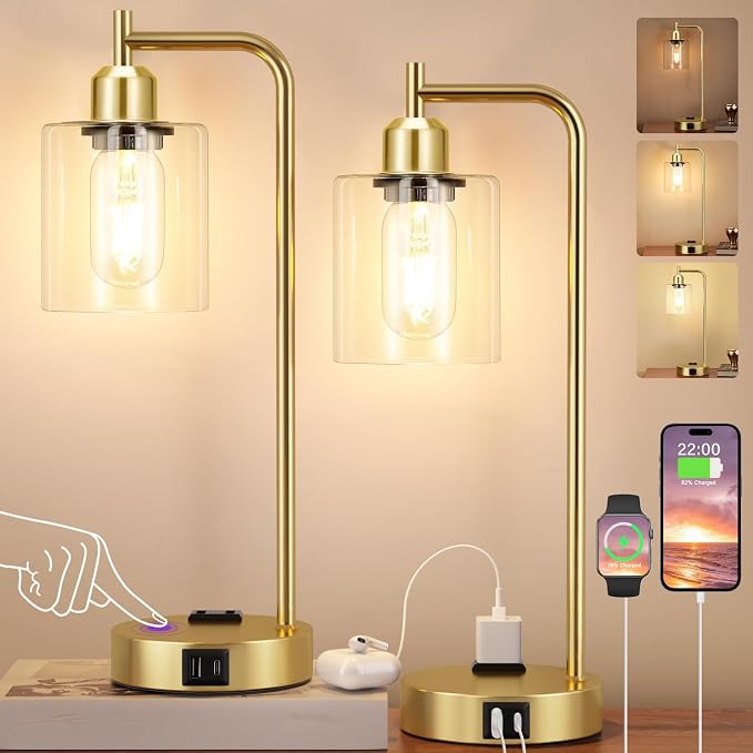 Innqoo Industrial Gold Table Lamp for Bedrooms Set of 2-3-Way Dimmable Desk Lamp with USB C+A Ports and Outlet, Gold Lamps with Clear Glass Shade for Living Room, Desk Lamps for Home Office