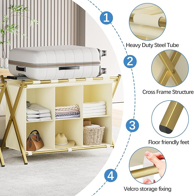 Luggage Rack for Guest Room, Folding Suitcase Stand with 6-Cube Fabric Storage Shelf, Luggage Holder, Steel Foldable Luggage Stand for Guest Room, Bedroom, Hotel, Gold