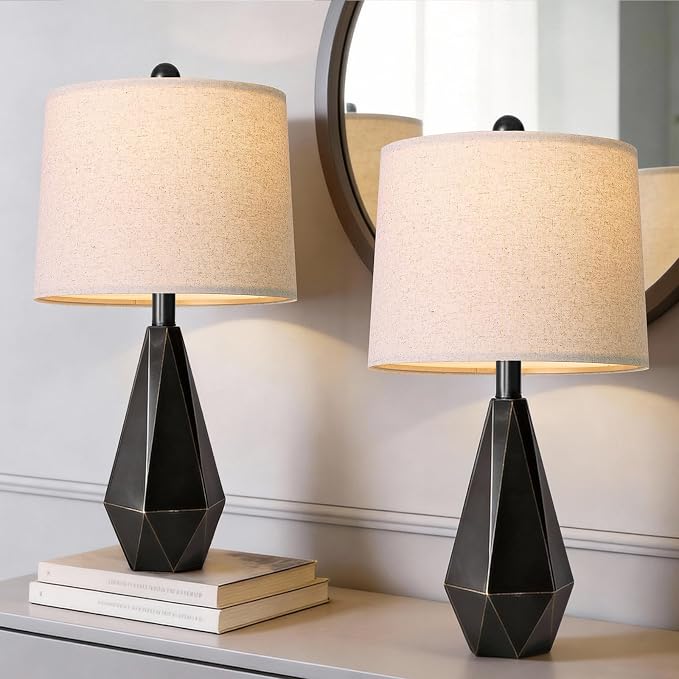 PoKat Table Lamps Set of 2 for Bedroom, 23.5'' High Farmhouse Nightstand Lamps for Living Room, Modern Bedside Lamps with Linen Shade for Office Sideboard Hallway Gift (Matte Black)