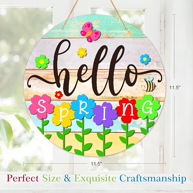 PETCEE Hello Spring Door Sign - 11.5" Colorful Flowers Spring Sign for Front Door Welcome Spring Decoration Wreath Farmhouse Welcome Spring Hanging Sign for Home Door Wall Porch Indoor Outdoor Decor