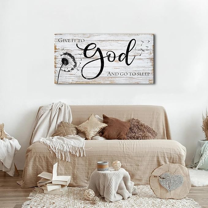 AIYISU Christian Bible Verses Wall Art Rustic Wall Decor for Bedroom Living Room Dandelion Pictures Give It To God and Go To Sleep Sign Canvas Painting Religious Poster Artwork Home Decorations 20x40