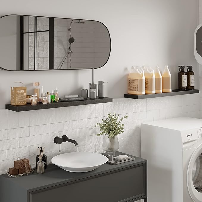 BAMEOS 47in Floating Shelves, Black Wall Mounted Wooden Shelves with Invisible Brackets Set of 2