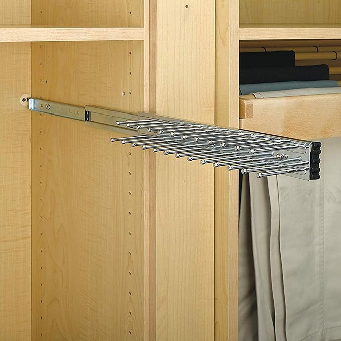 Rev-A-Shelf Pull Out 12" Side Mount Extending Closet Tie & Belt Organization Storage Rack Holder for Up to 23 Ties, Chrome, TRC-12CR