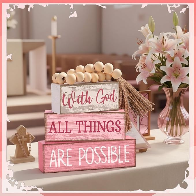 Lineshading 4 Pcs Christian Table Decor Pink Rustic Wooden Block Sign Set with God All Things are Possible Farmhouse Stacked Decor with Beaded Garland Tassel Christian Home Decors for Office, Shelf