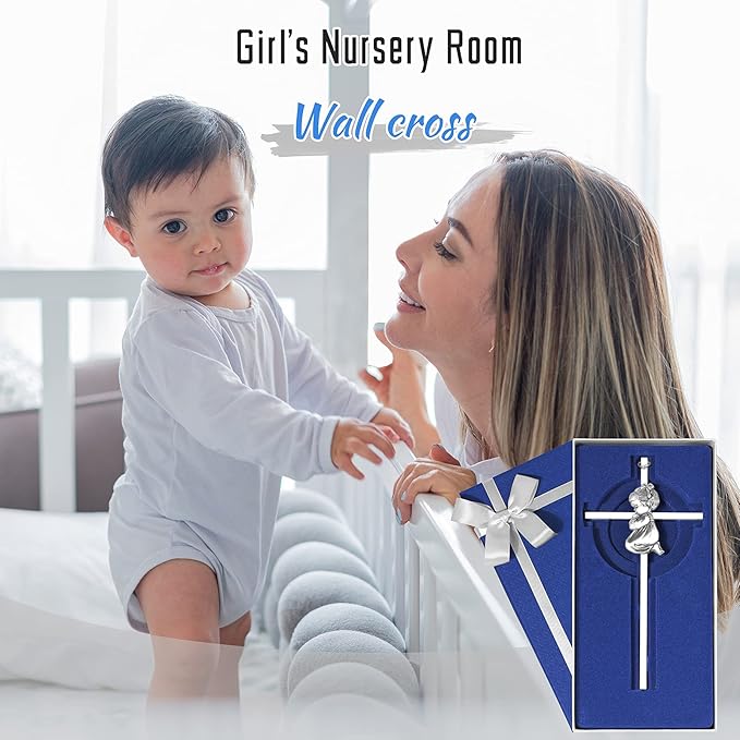 Tryuunion Baby Wall Cross Baptism Gifts for Girl, 7-inch Silver Praying Girls Baptism Crosses for First Holy Communion Christening and Dedication Baptismal Gifts from Godparents