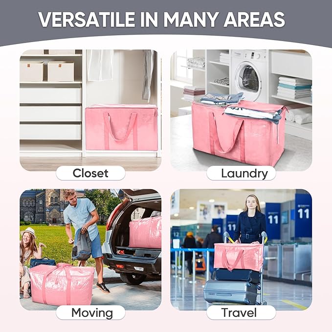 TICONN 4 Pack Extra Large Moving Bags Heavy Duty with Zippers & Carrying Handles, Durable Storage Bags Moving Boxes for Closet Organizers and Storage (4 Pack, Coral)