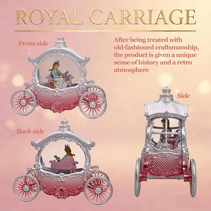 Christmas Pink Carriage Snow Globe with Music and Pricess - Christmas Snow Globes - Battery Or USB Cable Powered Operated (Pink Princess)