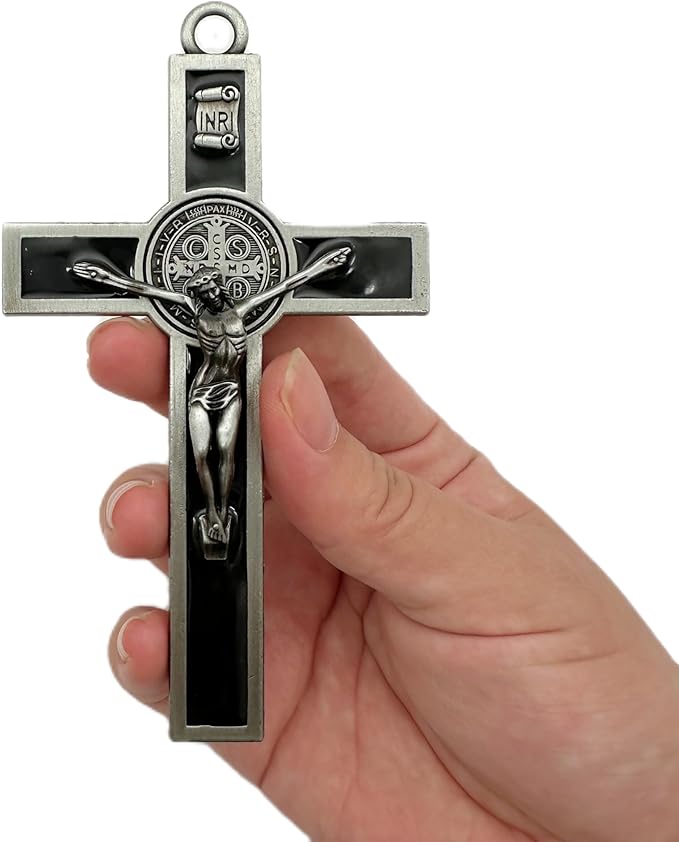 BONITTER Antique Silver Crucifix Wall Cross-St. Benedict Metal Wall Art-5.0 InchX2.7 Inch Black White Brown Enamel Give Blessing and The Spiritual Sacred:Faith Gift for your Acquaintances (Black)