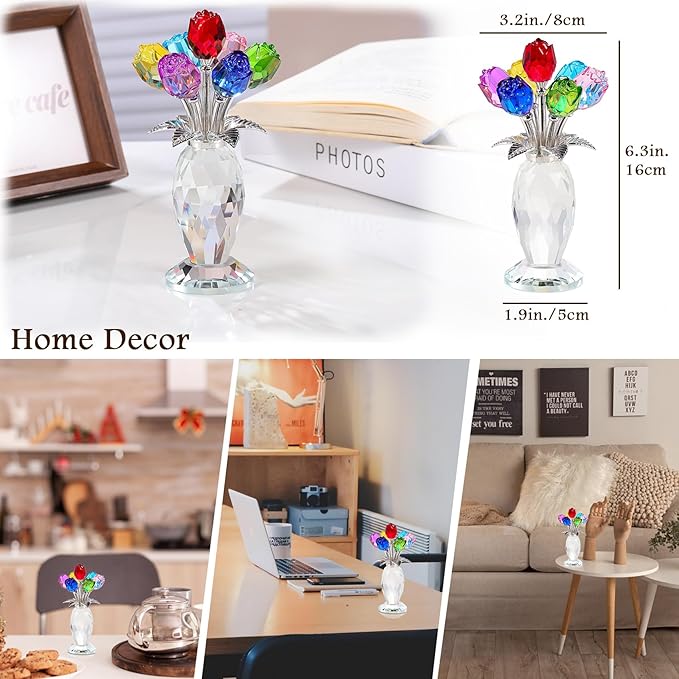 Movdyka Crystal Colorful Rose Flower Figurine with Vase Handmade Romantic Glass Rose Gifts for Wife Mom on Mother's Day Birthday Christmas Wedding Valentines Home Decorations