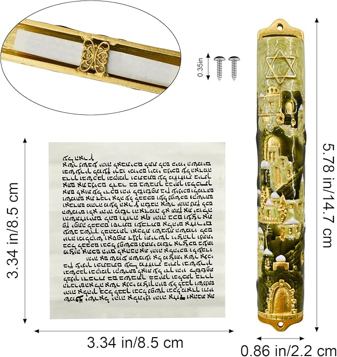 Mezuzah with Scroll for Door, Enamel&Zinc Alloy Blessing Mezuzah Case for Door, Colored Painted Mezuzha Scroll Kosher for Jewish Gifts/Jewish Decor, Christmas (Gold, 5.78 * 0.86 in)