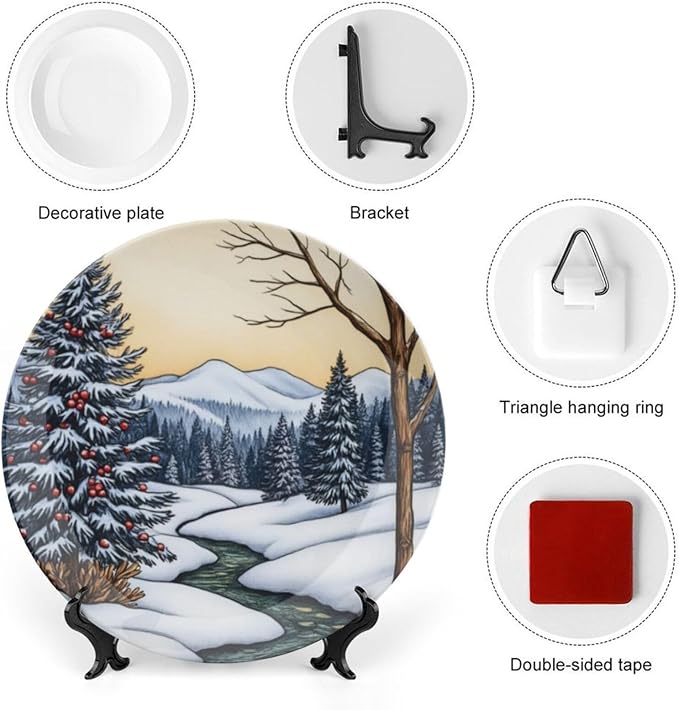 Cedar Theme Decorative Ceramic Plate Round Porcelain Plate,6 inch,Winter Watercolor Scene Pattern,for Decorative Ornaments Giving Plates,1 Plate with 1 Display Stand,Blue White