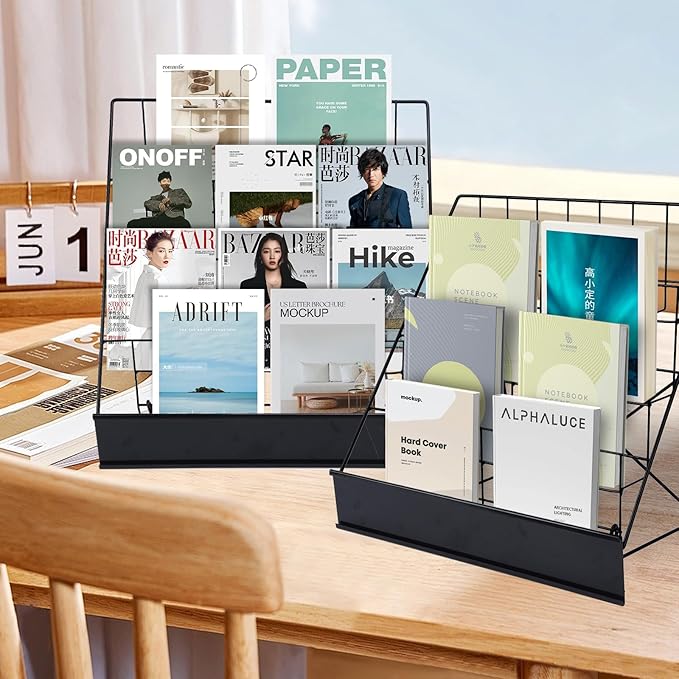Book Signing Rack, Book Display Rack, Tabletop Magazine Display Racks, 4 Tiered Tabletop Cd Display, Comic Book Magazine Rack for Library Classroom Picture Literature Brochure 16.14" x 17.95" x 17.24"