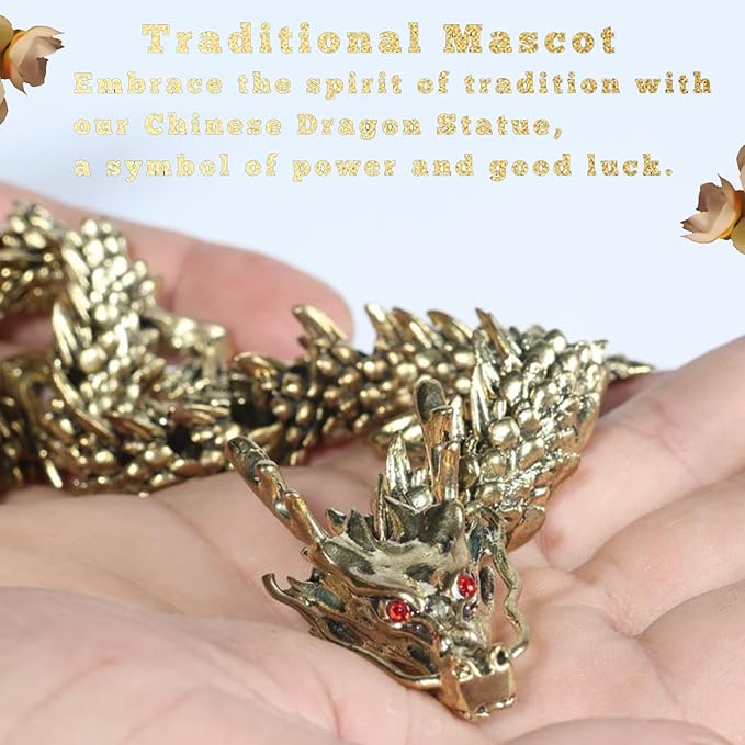 LIYAOLI Metal Large 3D Printed Articulated Chinese Dragon Figurine Statue Bookshelf Decor 15 Inch Copper Flexible Joints Luck Dragon for Home Office Desk Decoration