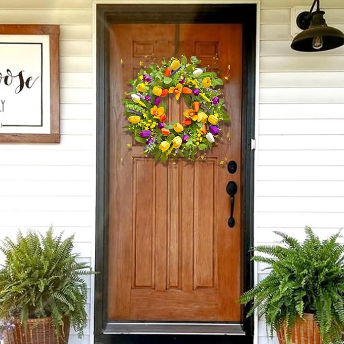 Spring Wreaths for Front Door 24 Inch,Spring Summer Wreath with Colorful Tulip,Eucalyptus and Ferns,Tulip Wreath for Indoor Outdoor Farmhouse Home Porch Wall Decor