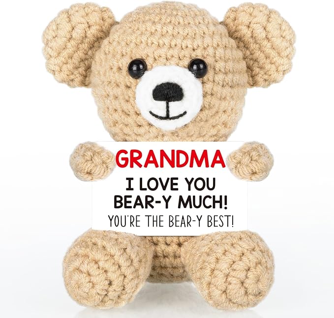 WELLBANEE Mothers Mom Day Gifts for Grandma, Bear Birthday Gifts for Grandma from Granddaughter Grandson Grandkids, Nana Gigi, I Love You Handmade Emotional Positive Crochet Bear Decor