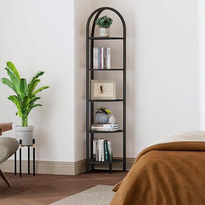 Homhedy 5-Tier Arched Corner Shelf Stand, Wall Corner Bookshelf with Metal Frame, Plant Stand, Industrial Storage Rack Shelf for Living Room, Bedroom, Office, Bathroom, Black