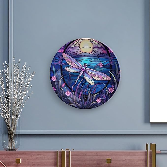 Bright Color Dragonfly Purple Stained Glass Print Decorative Plates Home Decor Ceramic Plates, Dinner Plates Display for Kitchen, Hallway Console Side Table, Presents for Dragonfly Lover, 7 Inch