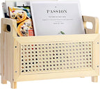 BTSKY Wooden Magazine Rack with Built-in-Handle, Desktop Magazine Holder Modern Rattan Hollow-out Design Mail Organizer, Assembly File Holder Letter Holder Floor Rack for Home & Office, Natural