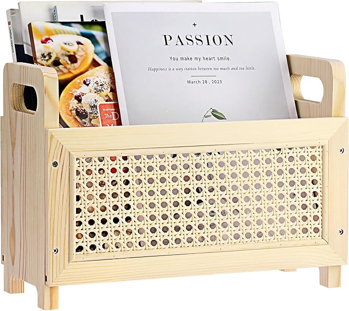 BTSKY Wooden Magazine Rack with Built-in-Handle, Desktop Magazine Holder Modern Rattan Hollow-out Design Mail Organizer, Assembly File Holder Letter Holder Floor Rack for Home & Office, Natural
