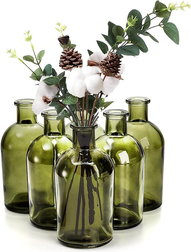 YOUEON 16 Pack Green Glass Bud Vases, Small Bud Vases in Bulk, Glass Flower Vases for Centerpieces, Vintage Decorative Bottle Vases for Flowers, Home Decor, Wedding Reception, Office